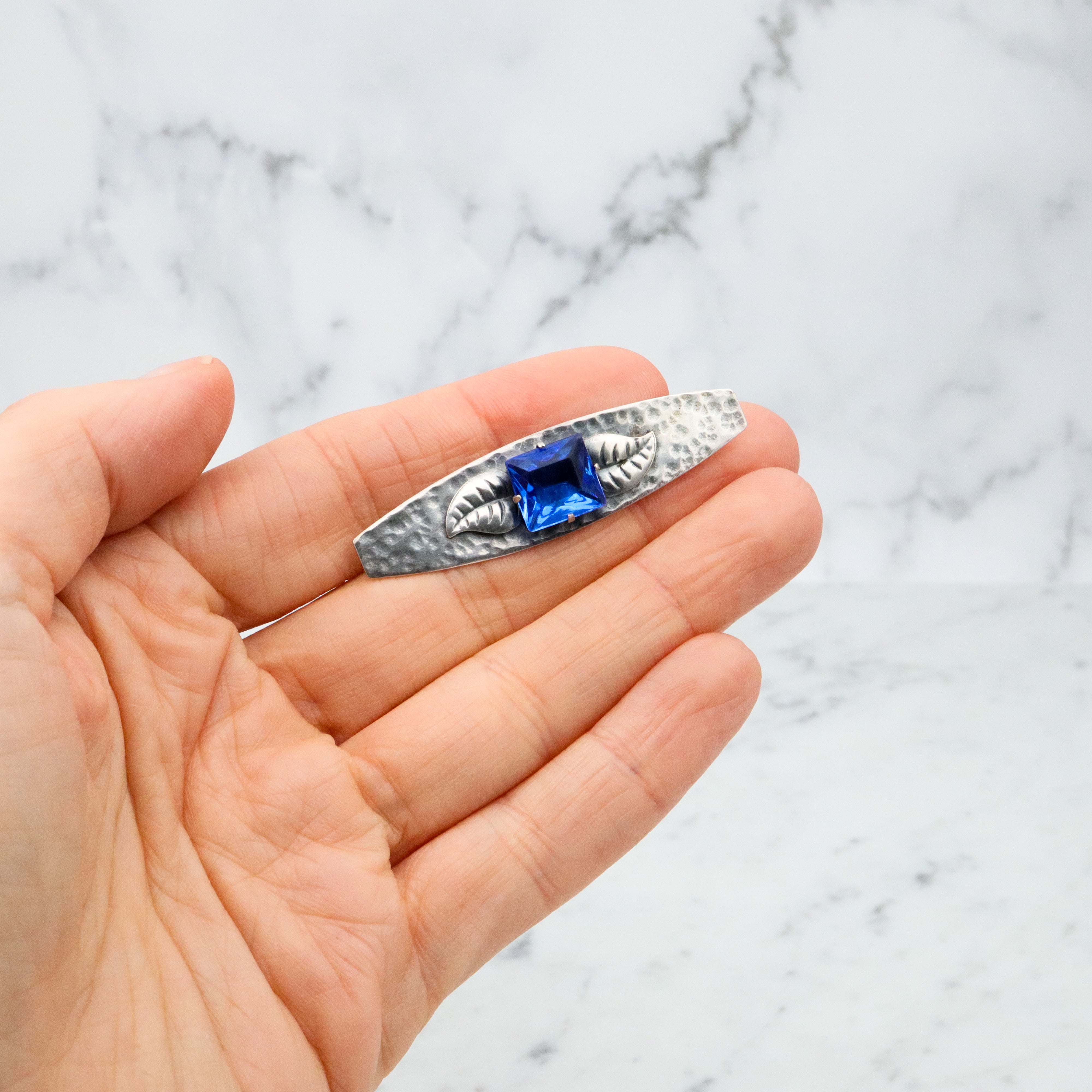 Antique Arts & Crafts hammered sterling bar pin w/blue paste gem